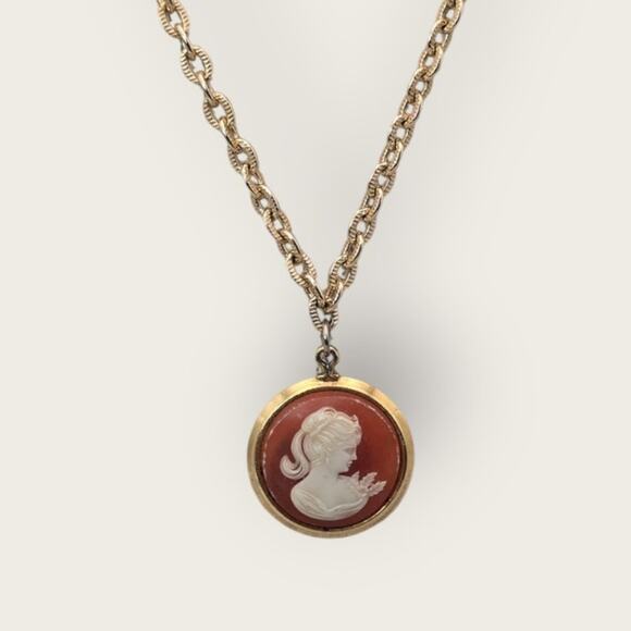 Source Unknown Jewelry - Cameo Pendant Necklace Gold Vintage Victorian Revival Coral Ivory Portrait